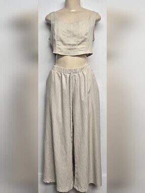 Shein M 6 Two Piece Pants Set Wide Leg Cropped Leg & Top Tan